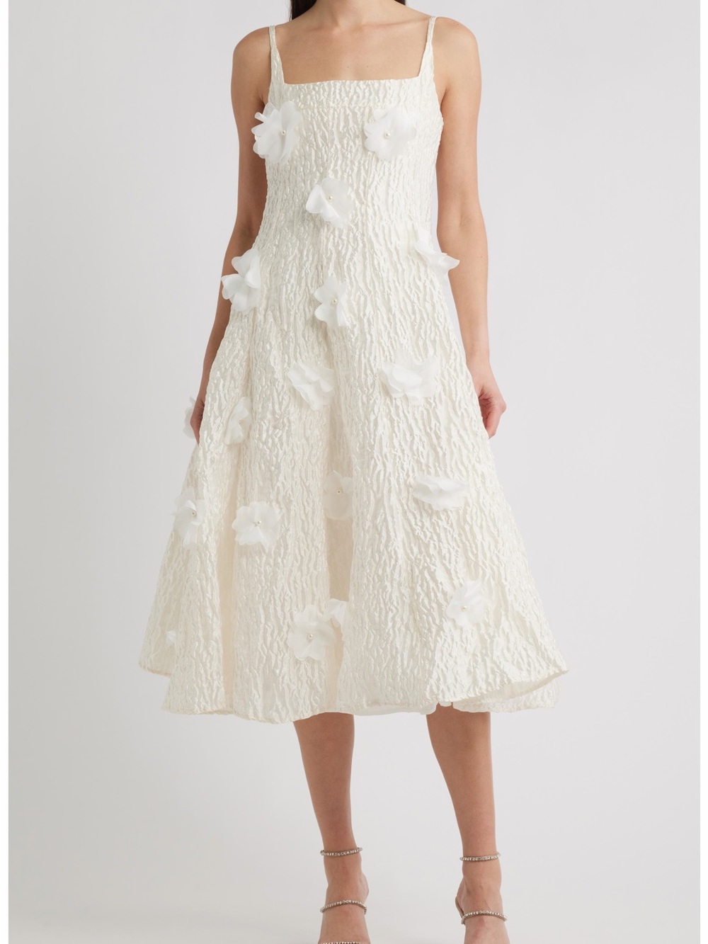 Sister Jane Cream Textured Midi with Floral Appliqués After Party Dress